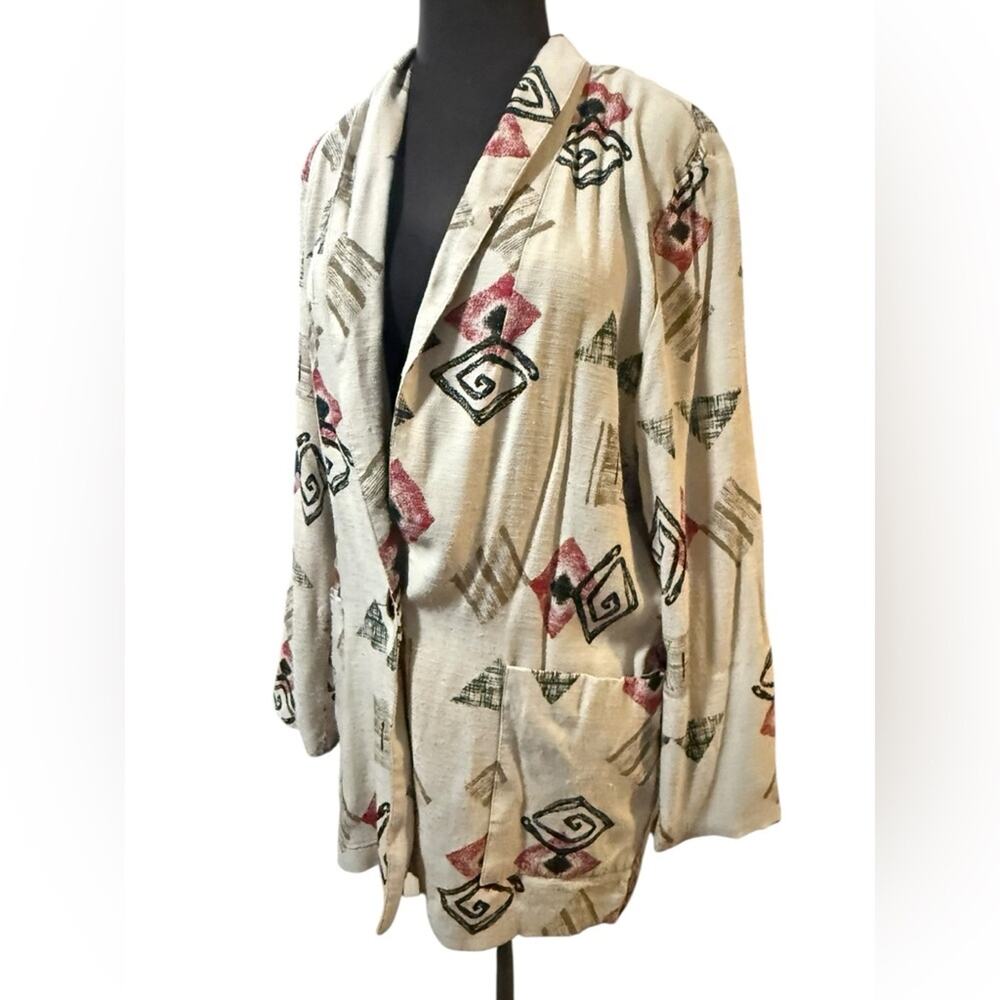 Vtg Dress Barn Abstract Print Draped Blazer Womens M Neutral Beige Boho Artsy